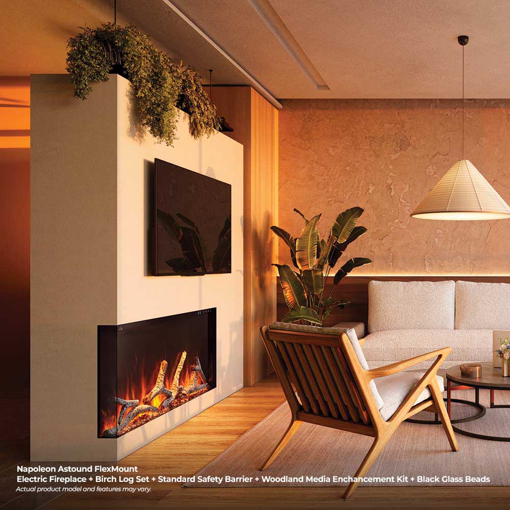 Wall-mounted electric fireplace with glowing log bed and black glass beads