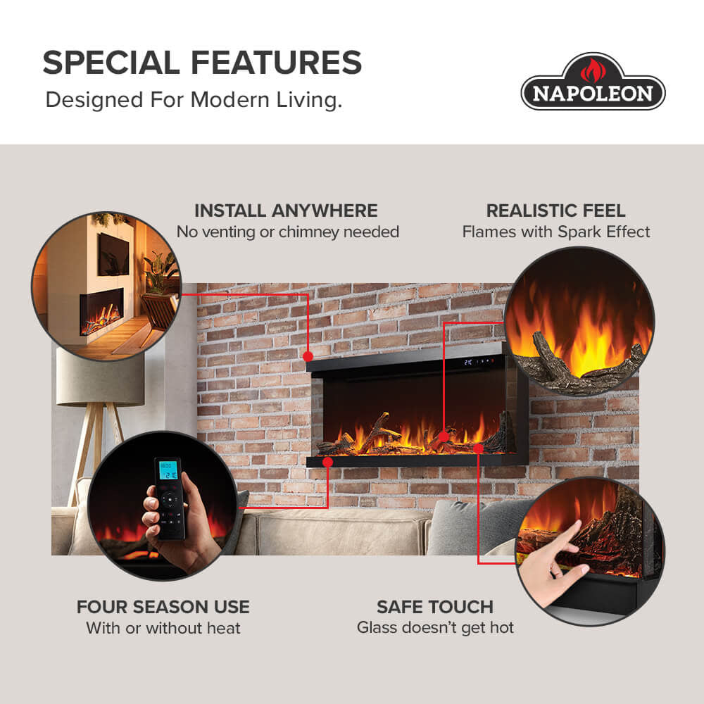 Electric fireplace special features icons with flame and safety touch details