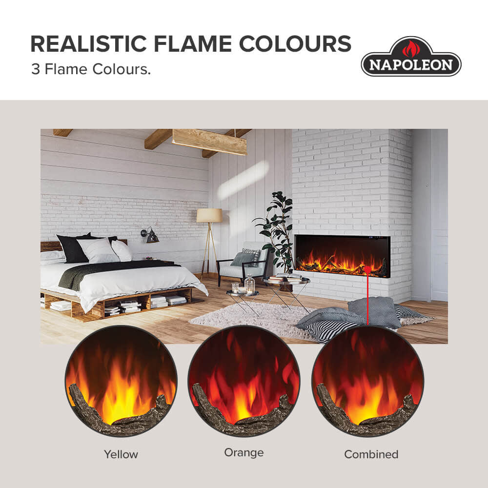 Electric fireplace flame color options: yellow, orange, and combined