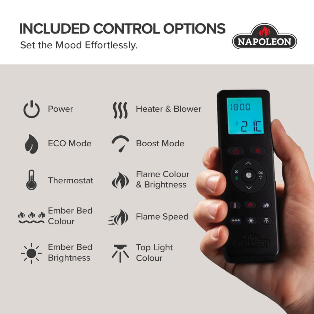 Electric fireplace remote control with display and button options