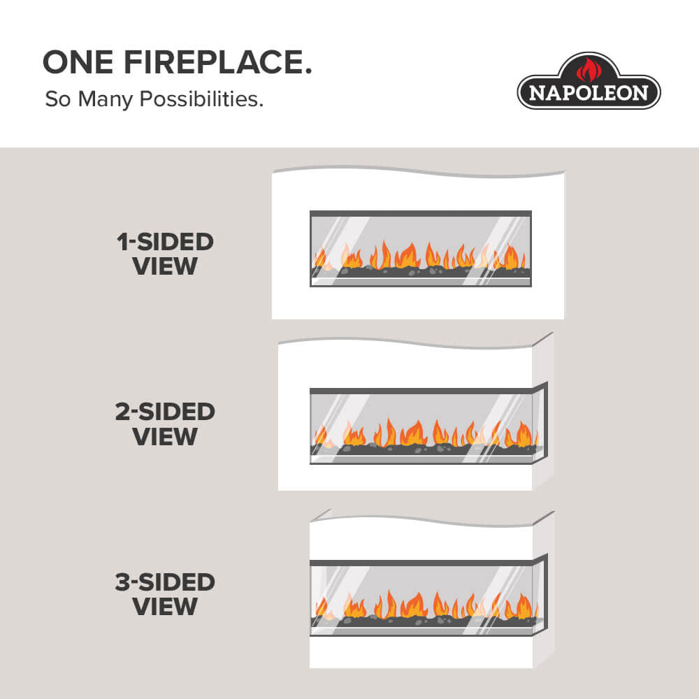 Electric fireplace view options shown for one-, two-, and three-sided viewing