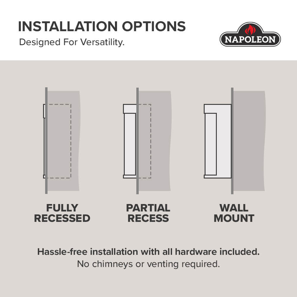 Electric fireplace installation diagrams for fully recessed, partial recess, and wall mount