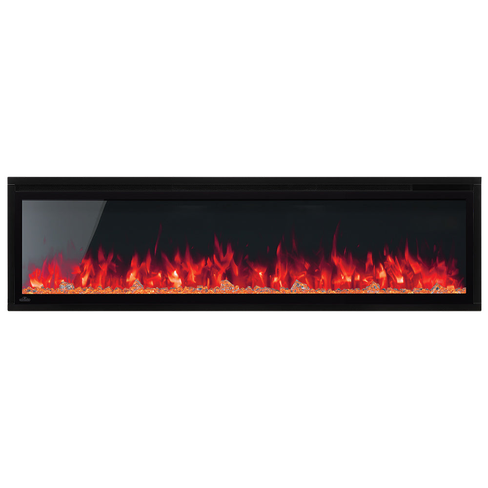 Front view of black electric fireplace with vivid red flames behind glass