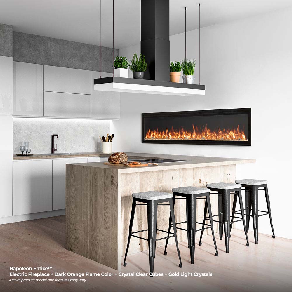 Black electric fireplace inset in modern kitchen wall with red flame effect