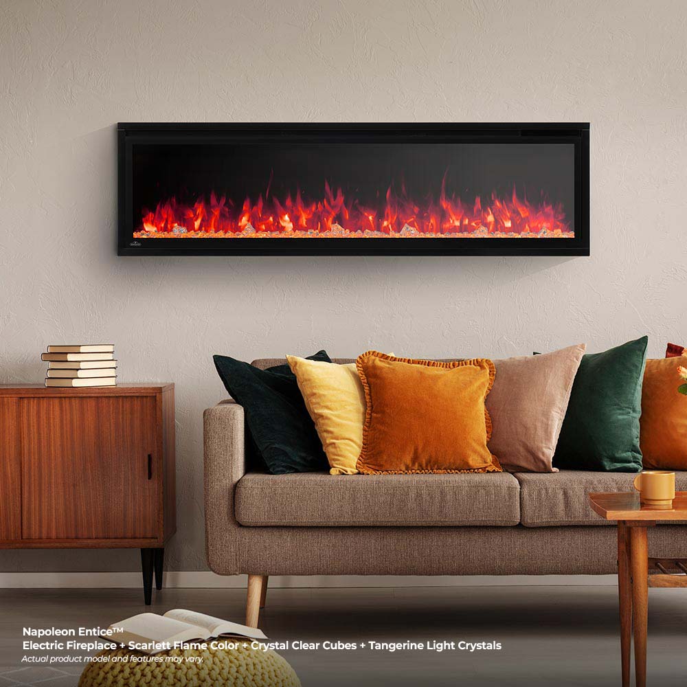 Wall-mounted black electric fireplace with bright red flame effect behind glass
