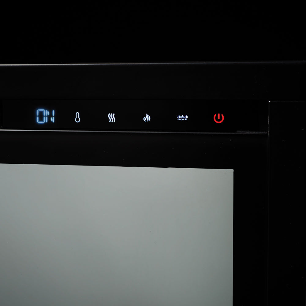 Electric fireplace control panel with flame, heat, and power icons