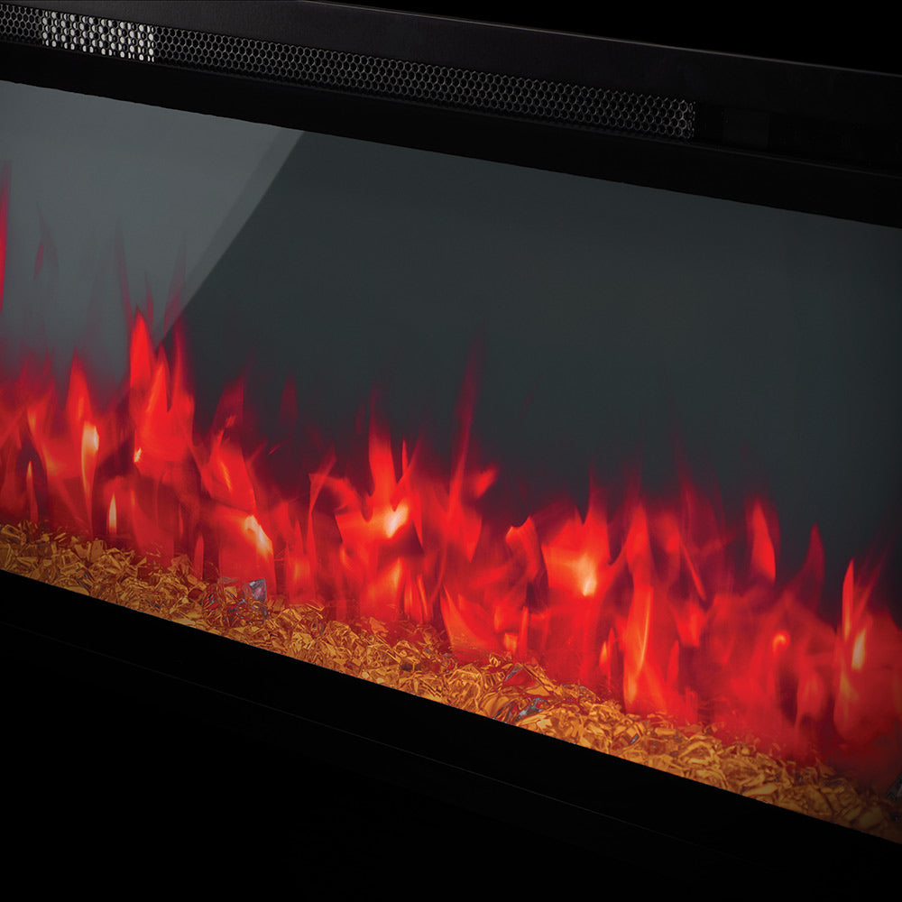 Electric fireplace flame effect over log bed