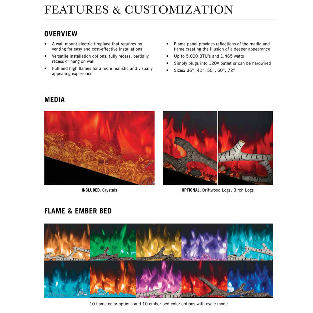 Features and customization page showing fireplace media and flame color options