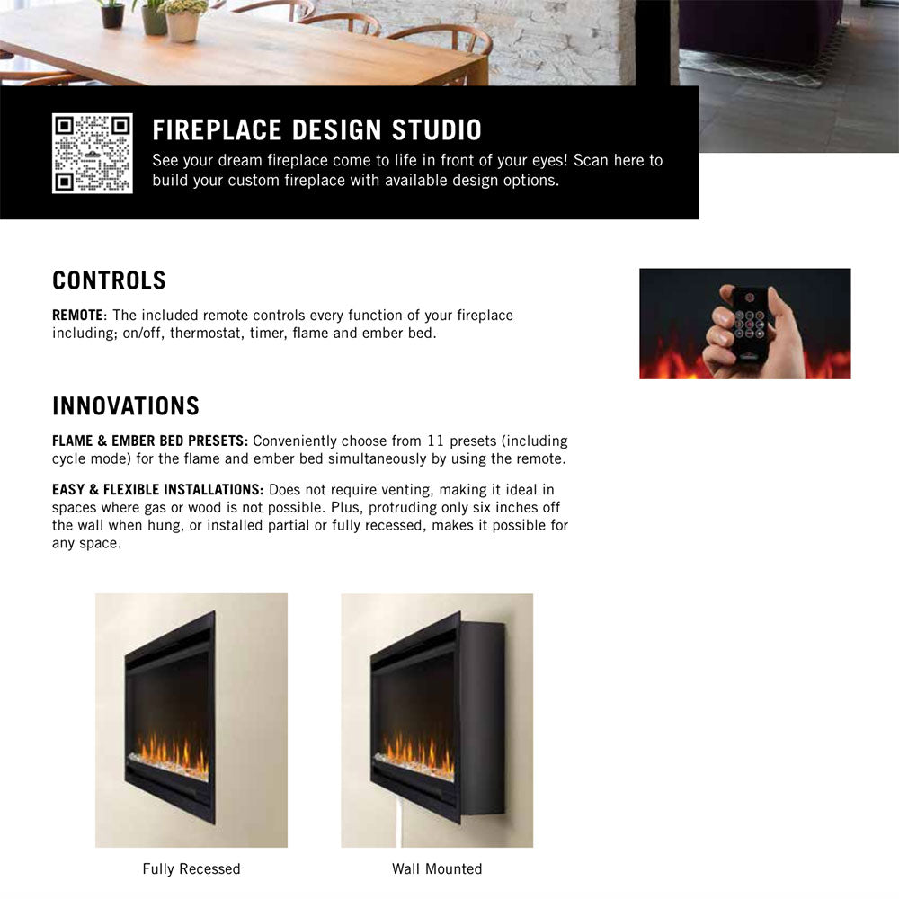 Printed fireplace design studio guide with controls and innovation sections