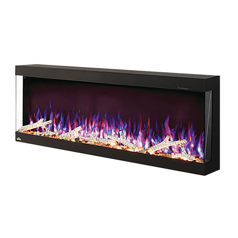 3-sided electric fireplace with black frame and glass-front flame display