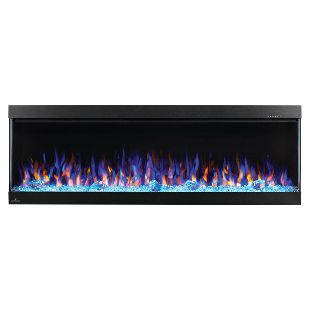 Black electric fireplace wall insert with bright blue flame effect