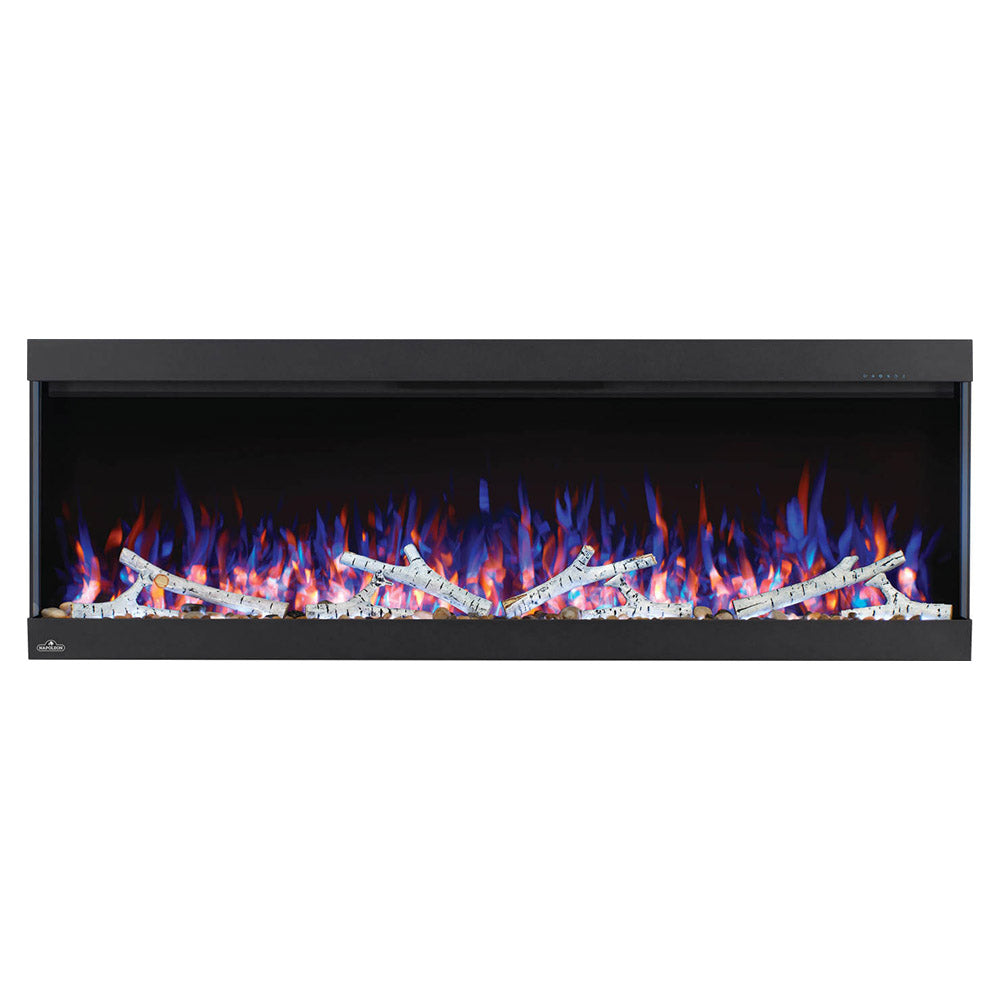 Black electric fireplace wall insert with multicolored flame bed and glowing logs