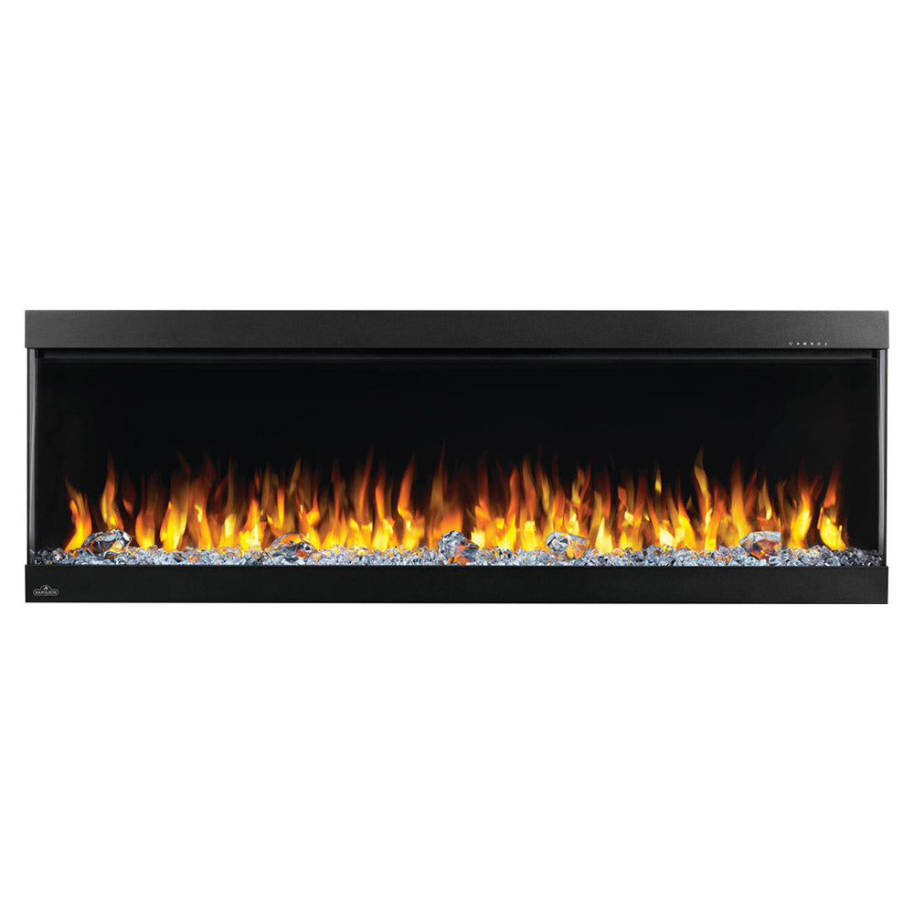 Black electric fireplace wall insert with realistic orange flame effect