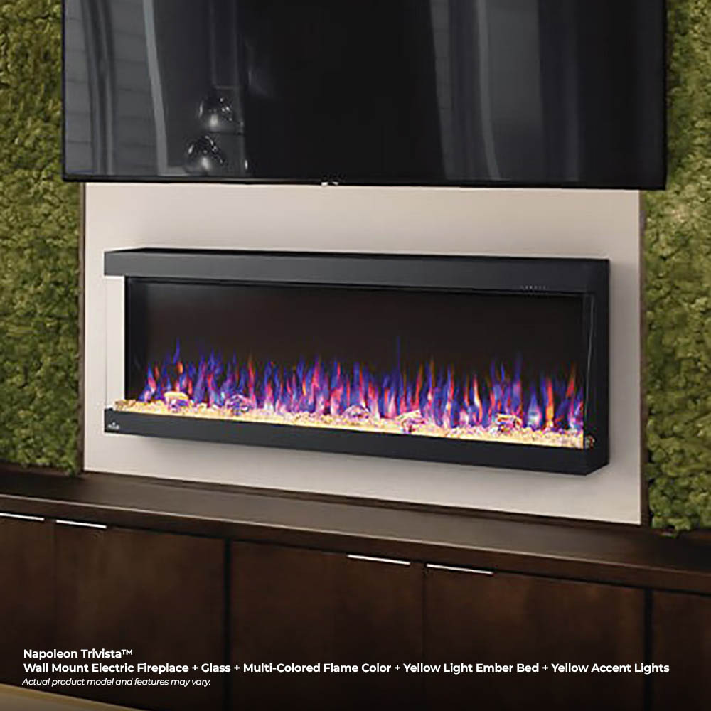 Wall-mounted electric fireplace in a white surround with multicolored flames