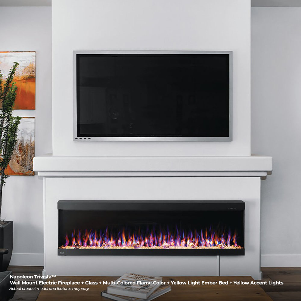 Wall-mounted electric fireplace with black trim and multicolor flame display in niche