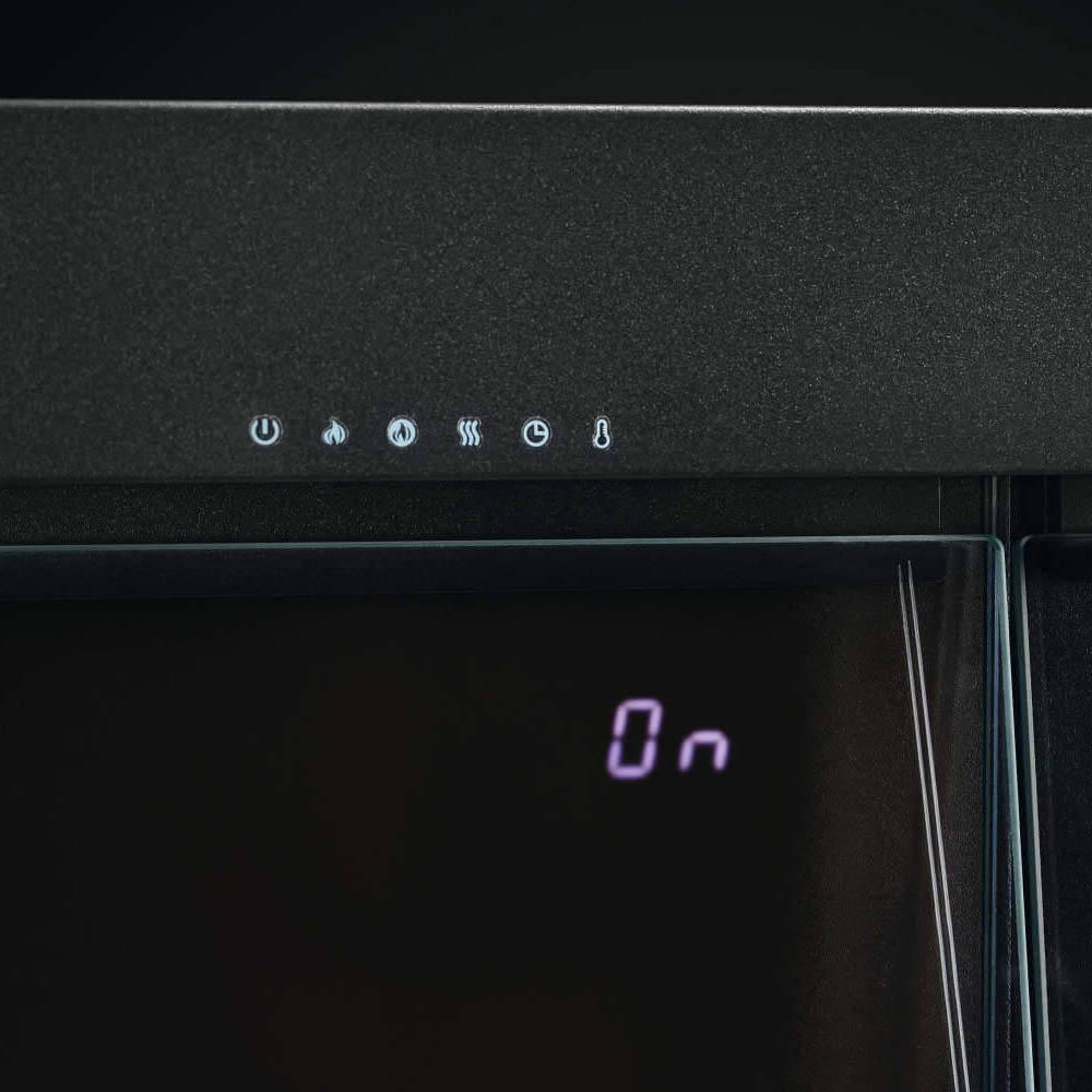 Electric fireplace digital display showing “On” with touch-control icons above