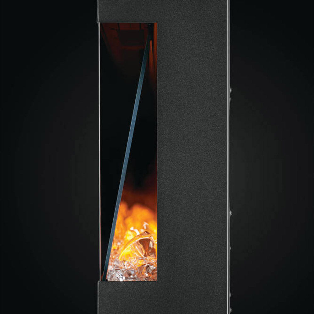 Narrow side flame view from a three-sided electric fireplace with glowing logs
