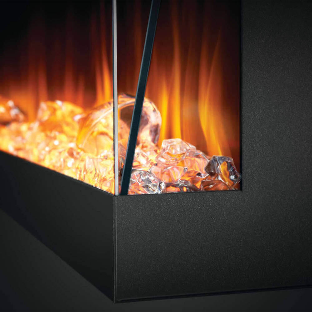Three-sided electric fireplace flame window with glowing logs and blue accent bars