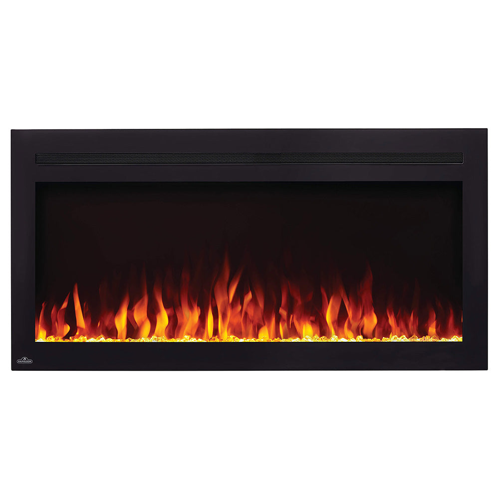 Black linear electric fireplace with orange flame display visible through the glass opening.