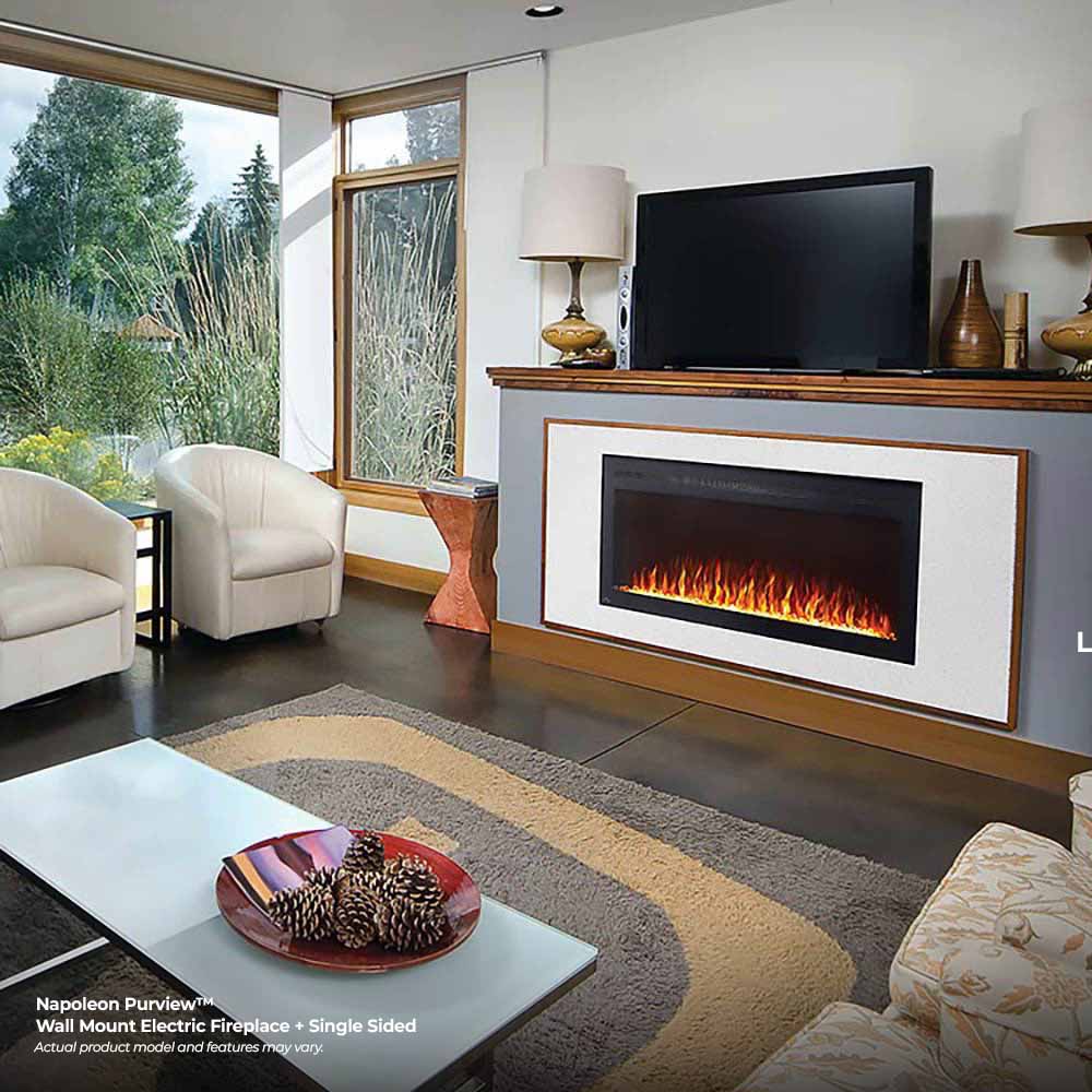 Wall-mounted linear electric fireplace with orange flame effect in a white mantel surround.