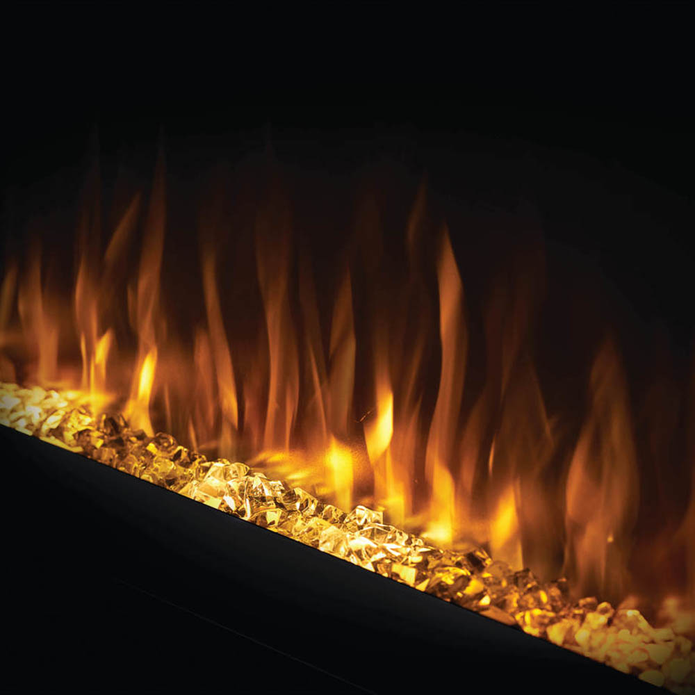 Close-up of orange and yellow flame effect inside the linear electric fireplace.