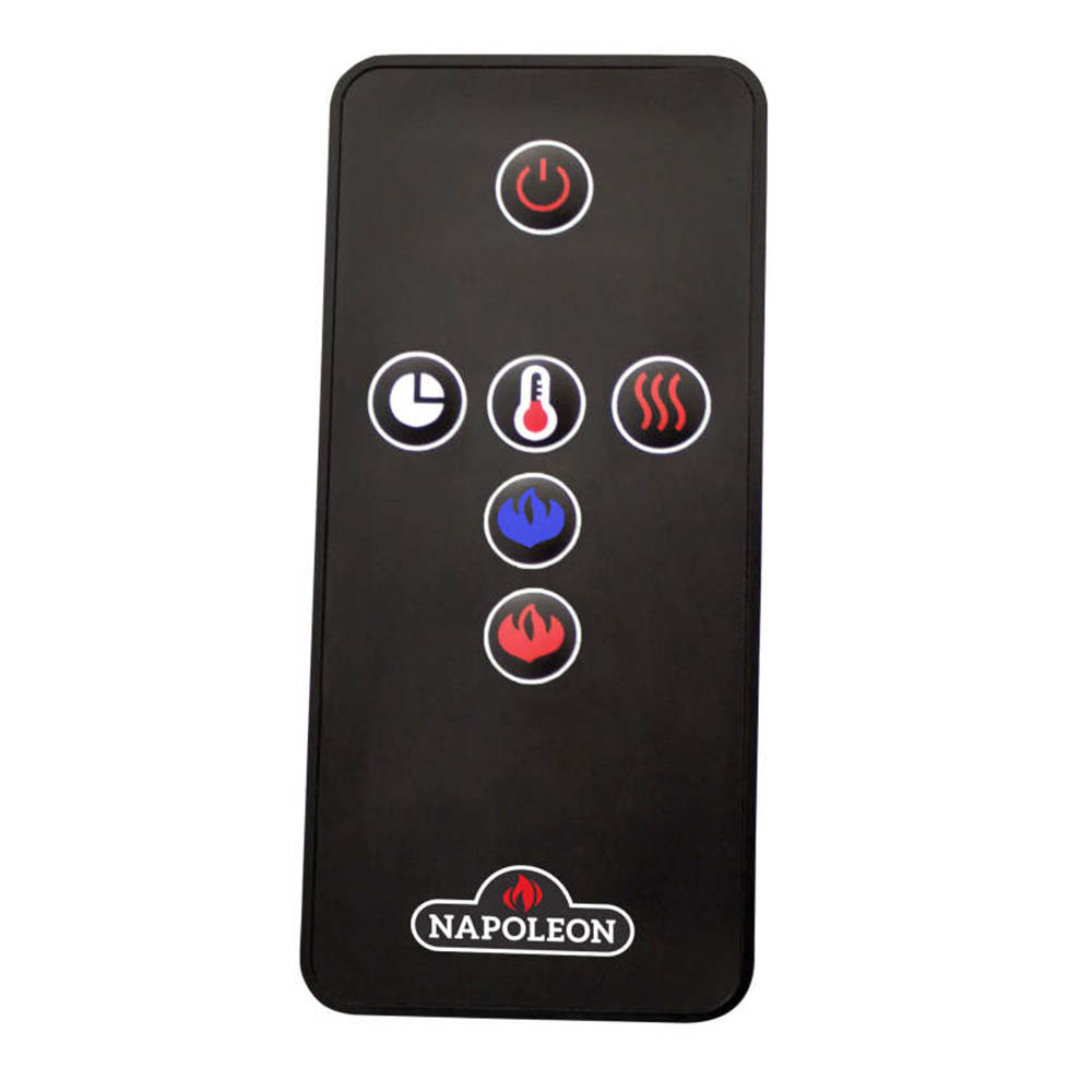NAPOLEON electric fireplace remote control with circular function icons and power button.