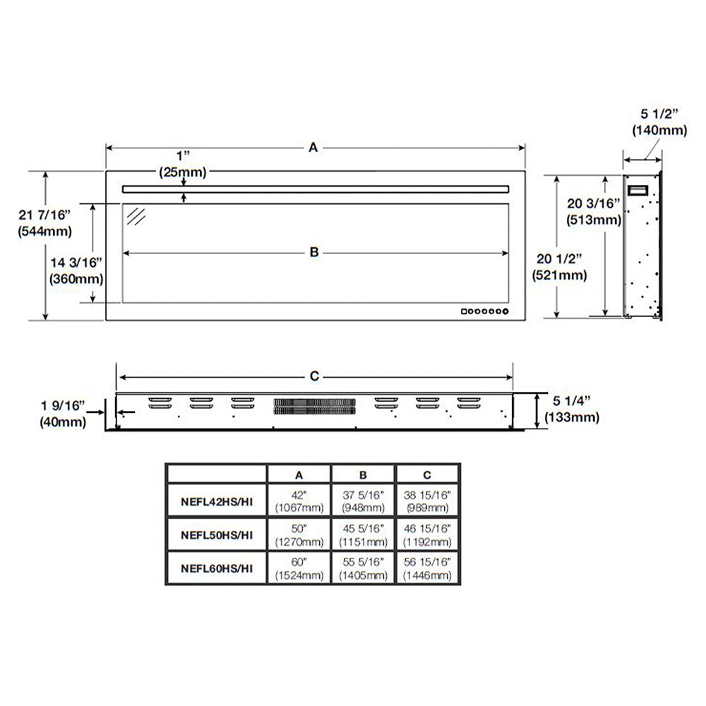 Printed dimension diagram for a linear wall-mount electric fireplace with length and height.