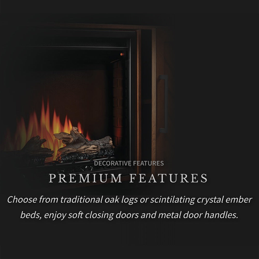 Electric fireplace TV stand with glowing firebox and simulated logs