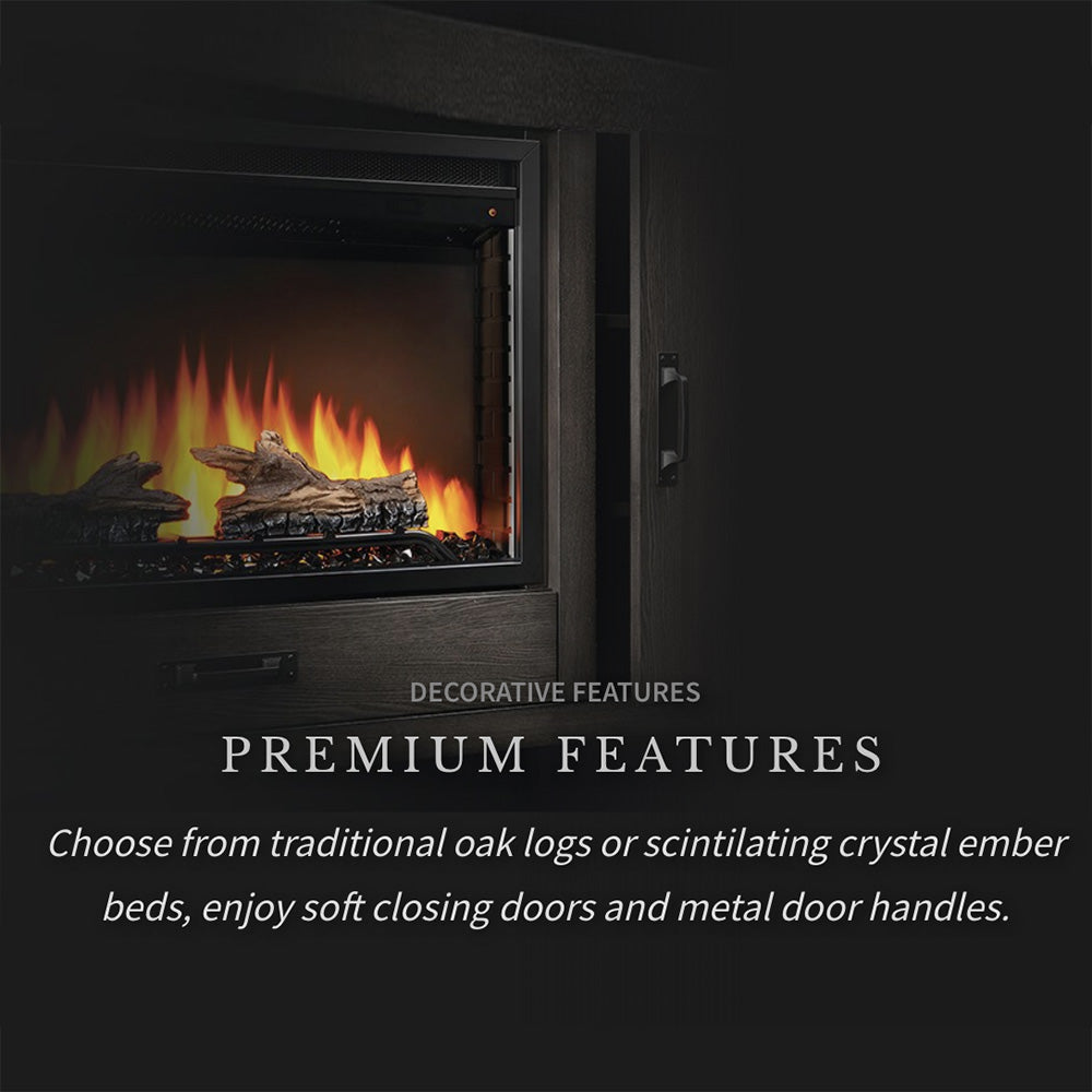 Electric fireplace viewing window with flames and decorative log bed