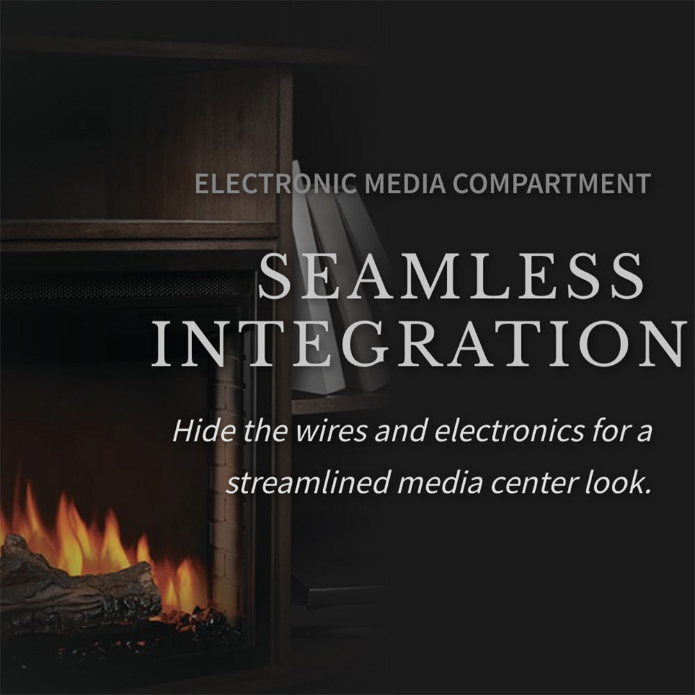 Fireplace TV stand with visible flames and electronic media compartment