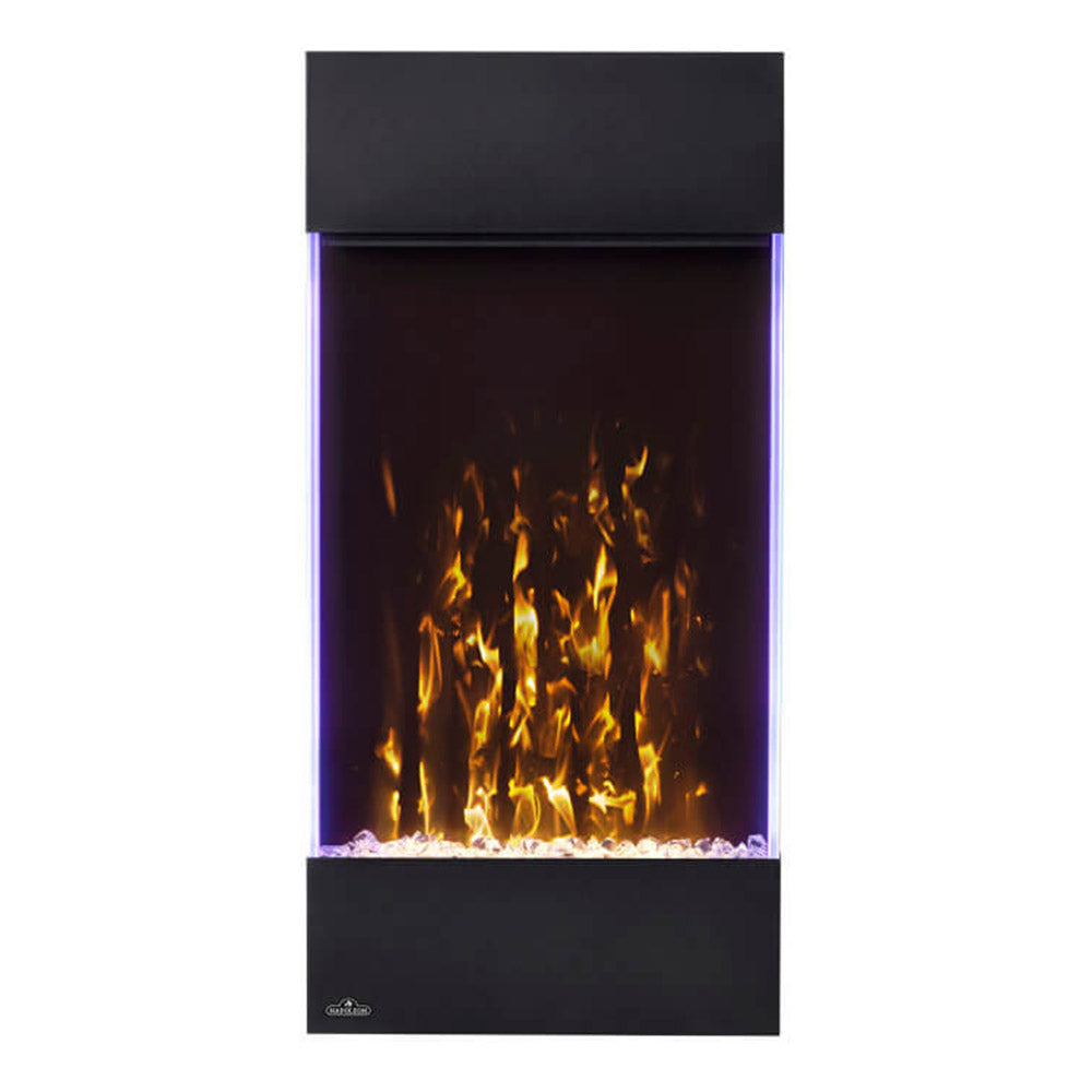 Vertical black electric wall fireplace with orange flames and glowing glass bed
