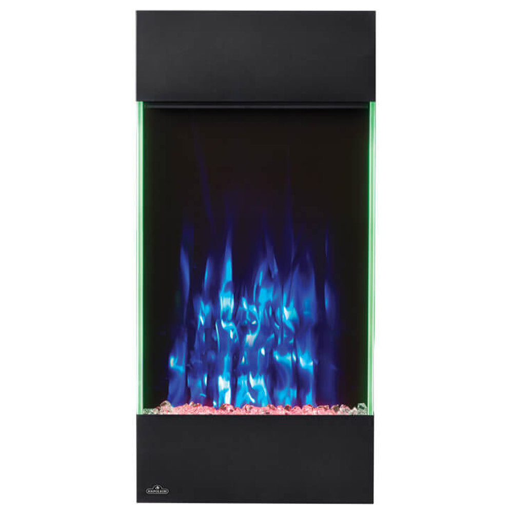 Vertical black electric wall fireplace with blue flames and green light accents