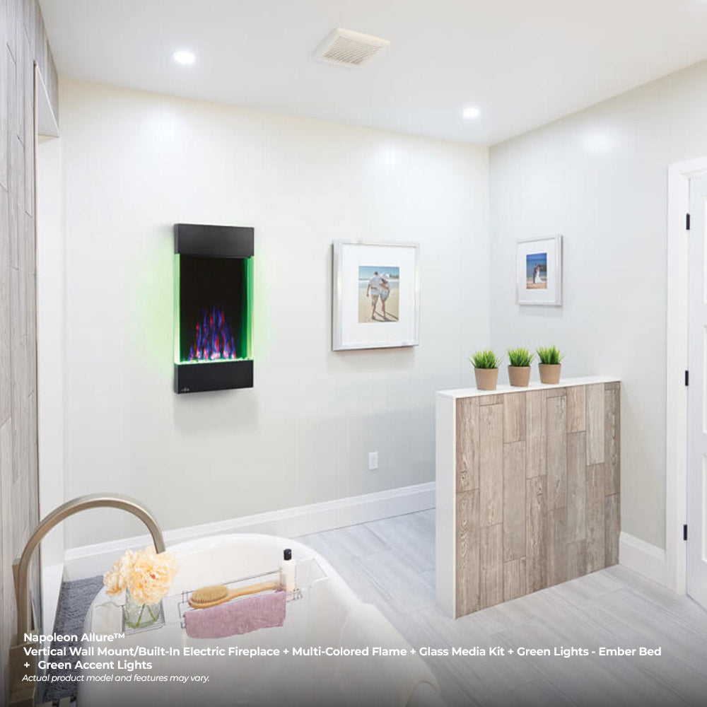 Wall-mounted black electric fireplace with multi-colored flame display and green LED accents