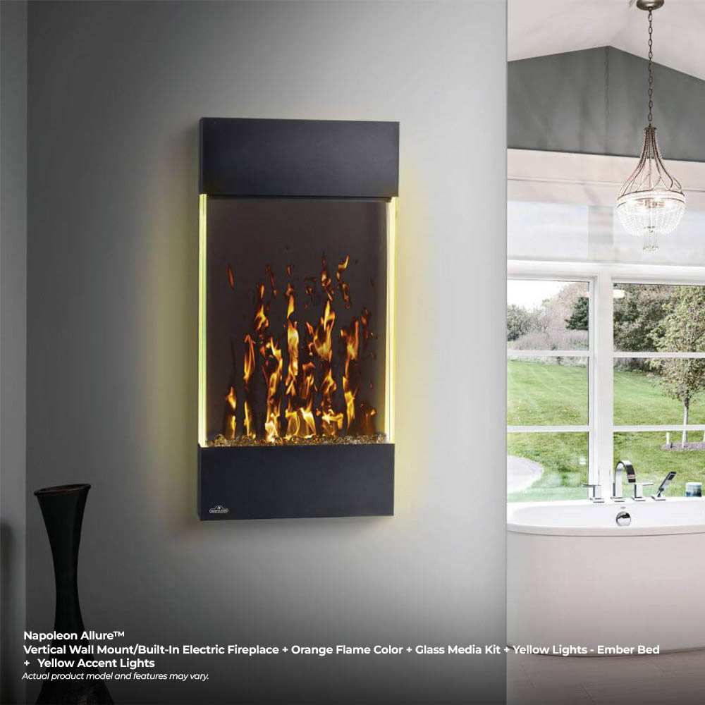 Wall-mounted black electric fireplace with orange flame display and yellow LED glow