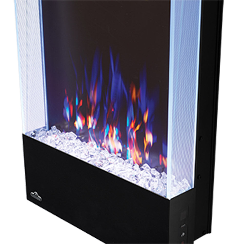 Black electric fireplace with blue and orange flame effect over glowing glass rocks