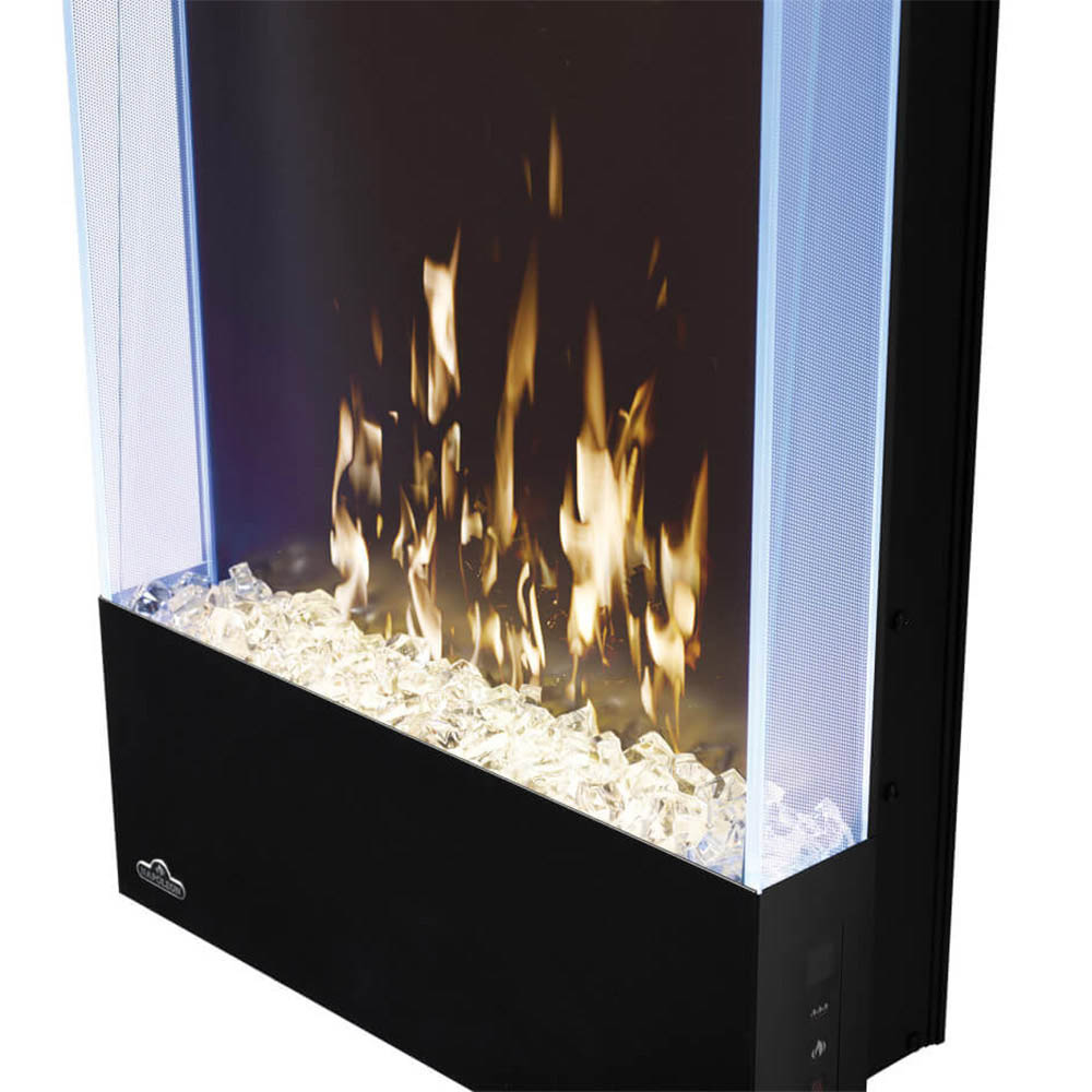 Black electric fireplace with firebed glass rocks and orange/gold flame effect