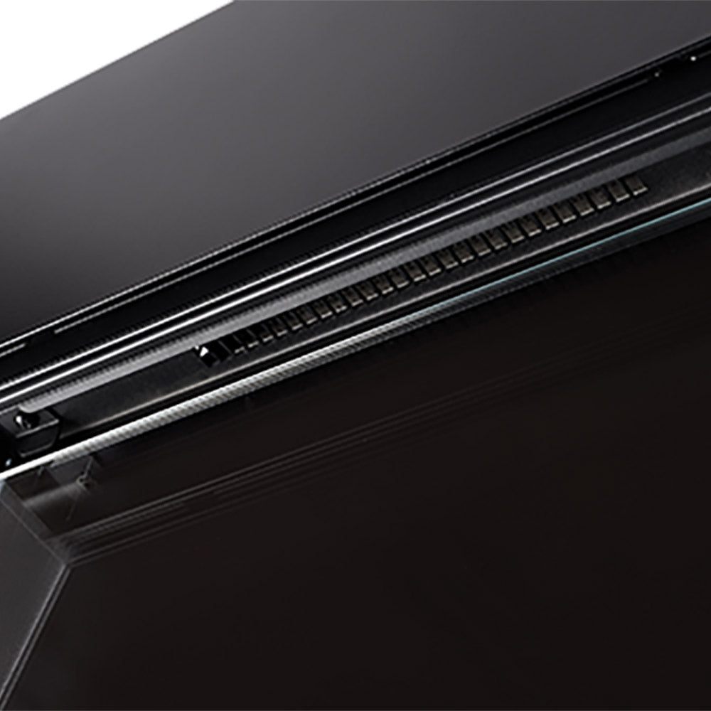 Black electric fireplace vent grille with slim metal trim and LED lighting