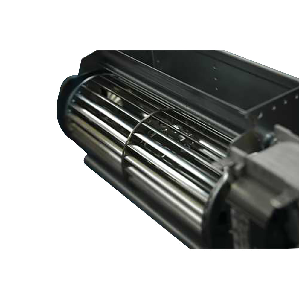 Black metal fireplace air circulating blower with vent grille and fins