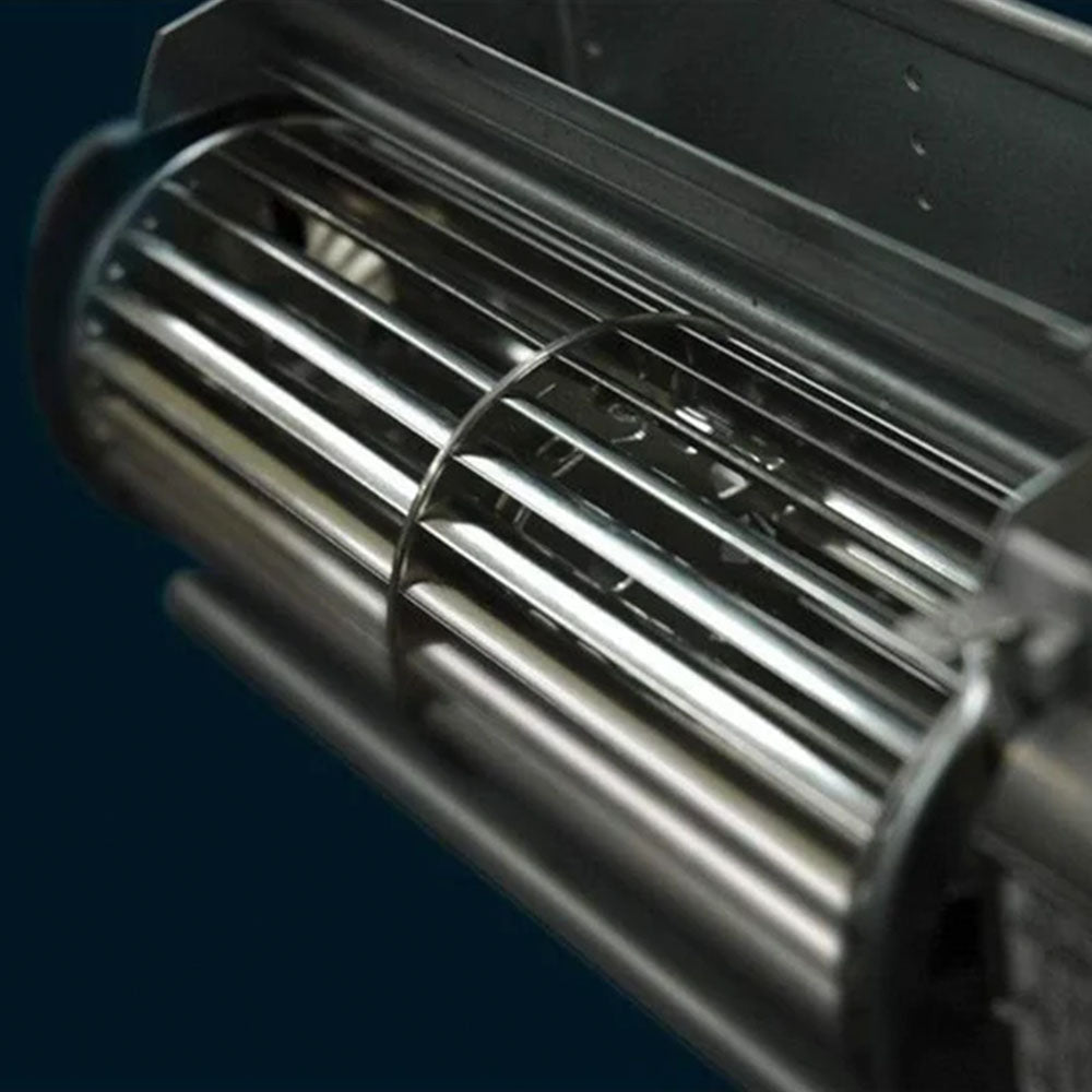 Napoleon blower fan housing with metal slatted grille, cylindrical design
