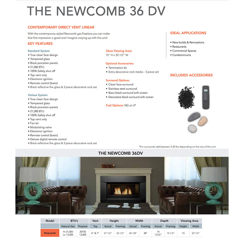 Built-in direct-vent linear gas fireplace spec sheet with fireglass and rock media