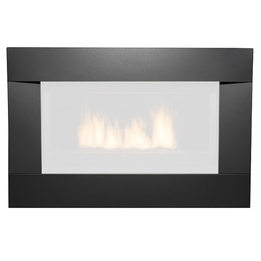 Black decorative fireplace surround with built-in screen, showing gas flame