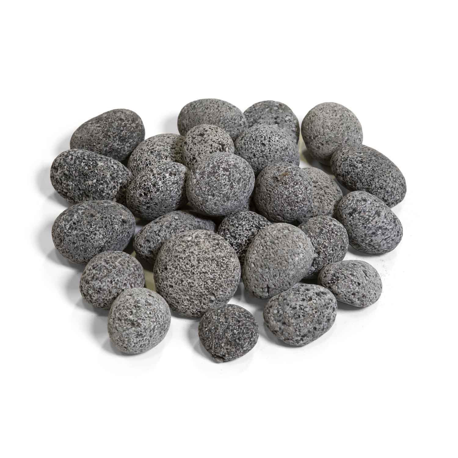 Dark gray lava pebbles, round stones with rough speckled texture