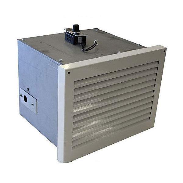 Fireplace air circulating blower system with metal housing and front vent grille