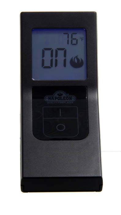 Black fireplace on/off remote control with LCD screen and flame icon