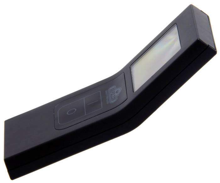 Side view of black fireplace remote control with transparent control window