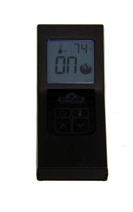 Black fireplace remote thermostat with LCD showing 60°F and control buttons