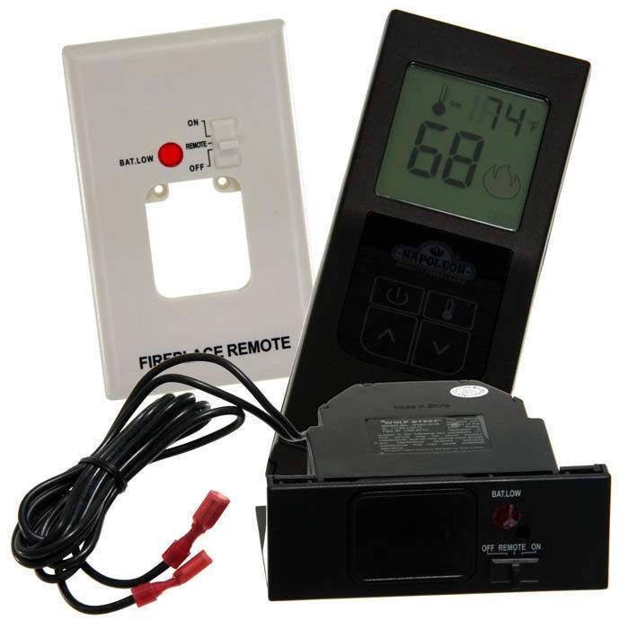 Fireplace remote control thermostat with LCD display, buttons, and wired base