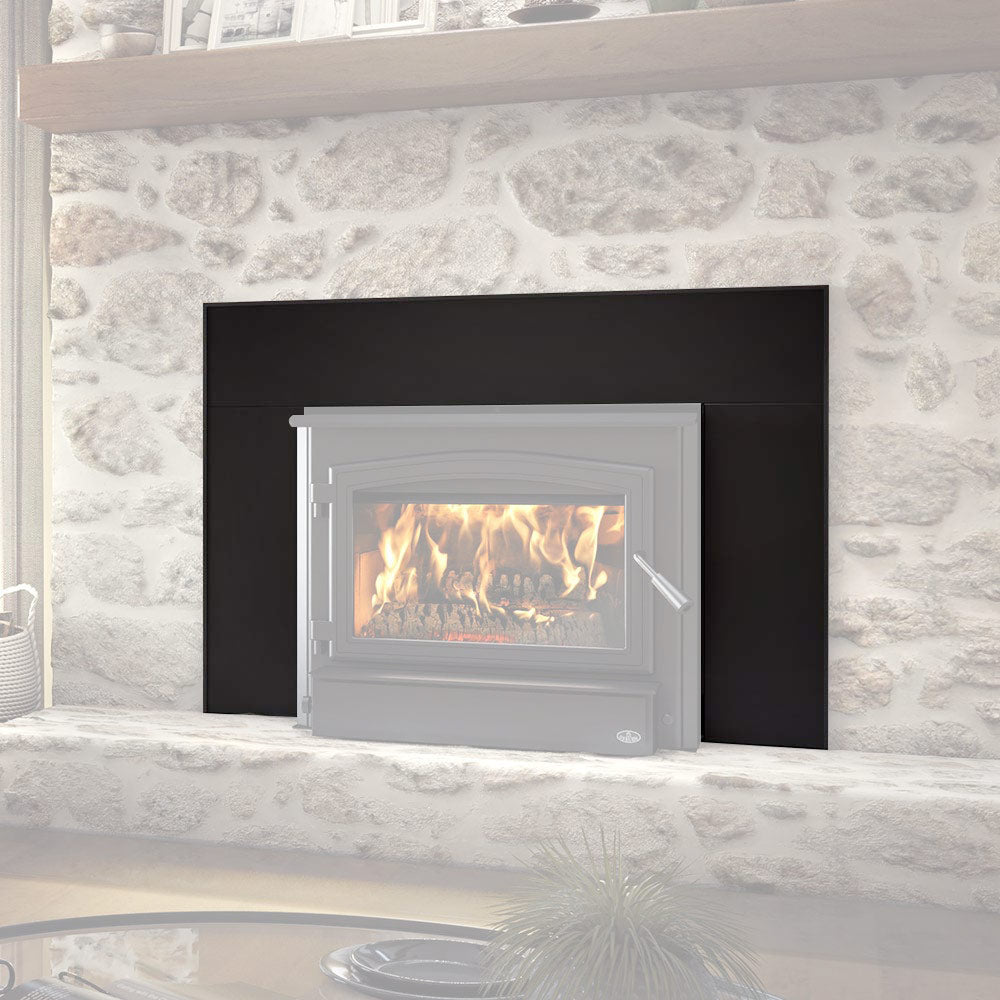 Osburn large black faceplate surrounding a glass-front wood insert fireplace