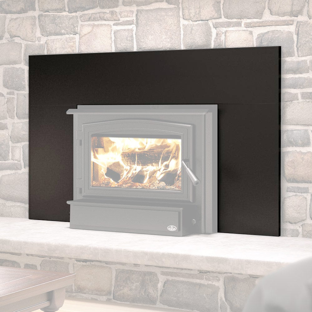 Black metal fireplace faceplate panel with large rectangular window opening around insert.