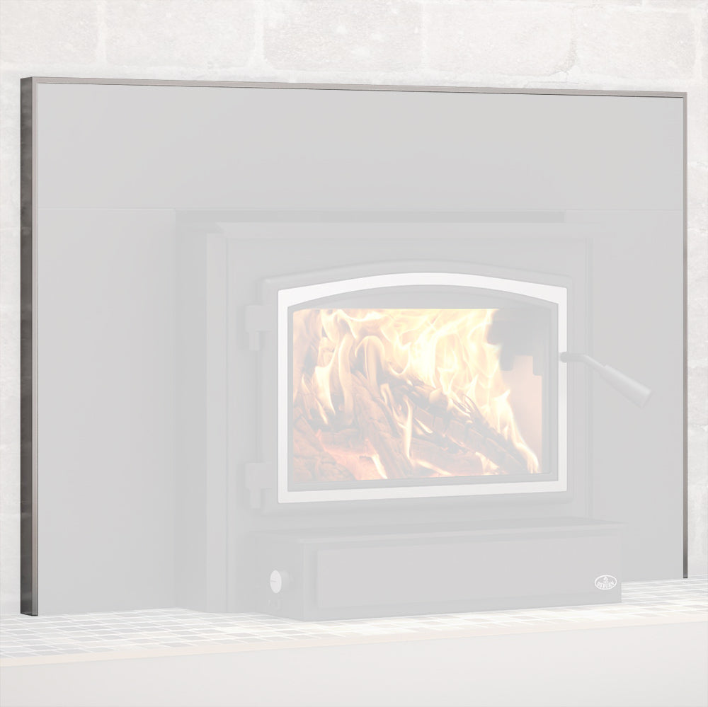 Brushed nickel faceplate trim kit around a fireplace insert opening